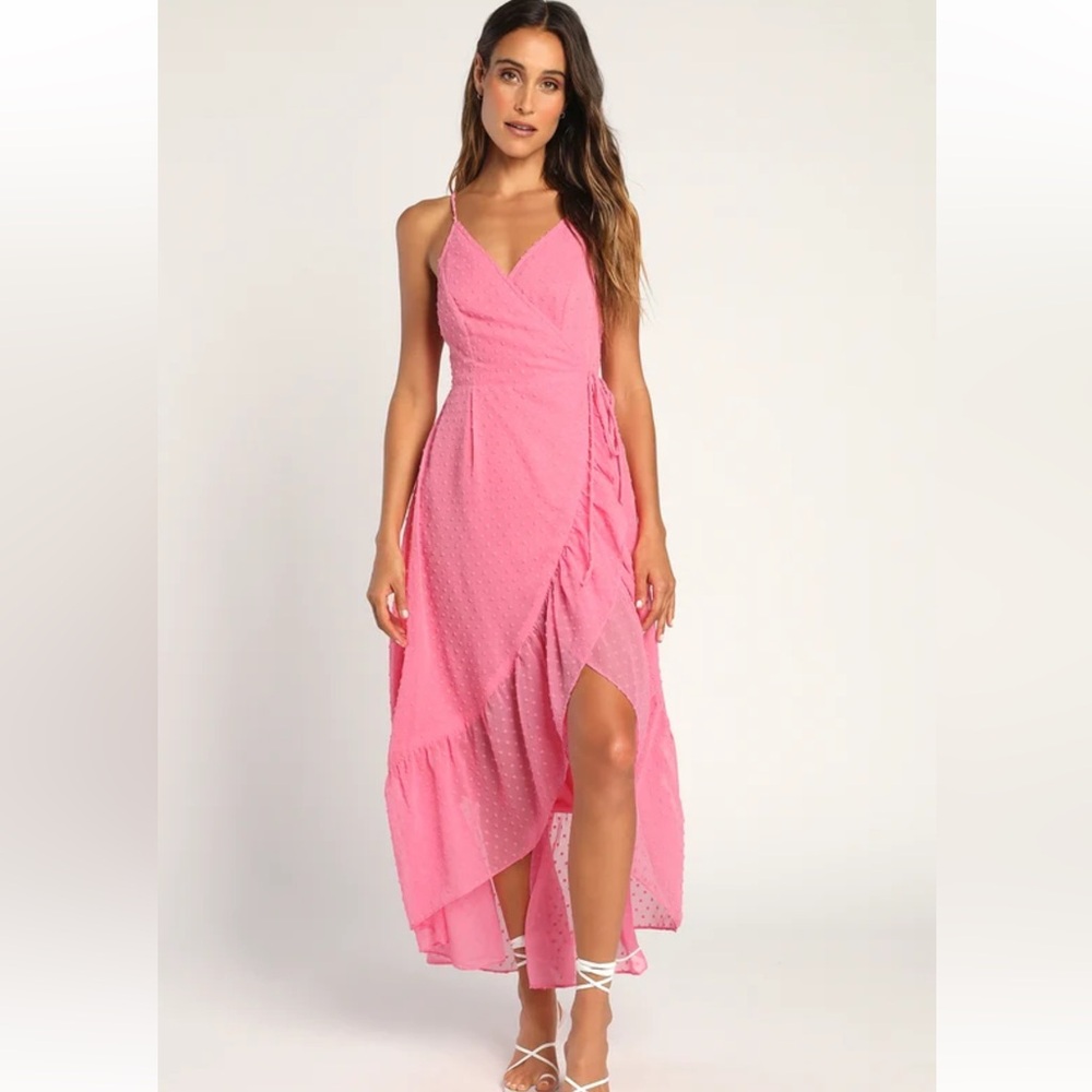 Lulus | EUC Effortlessly Easy Swiss Dot High-Low Midi Wrap Dress, Large